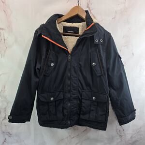 Diesel Jacket Boys 10 12 Black Hooded Zip Sherpa Fleece Lined Kids Winter Coat